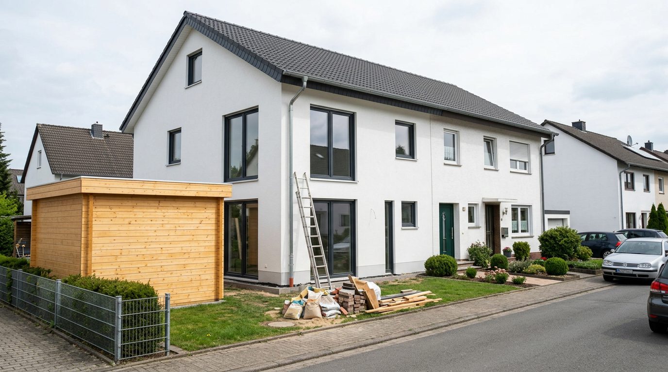 Doppelhaus mit ungleicher Fassade durch neue Fenster und ein großes Gartenhaus auf nur einer Grundstückshälfte.