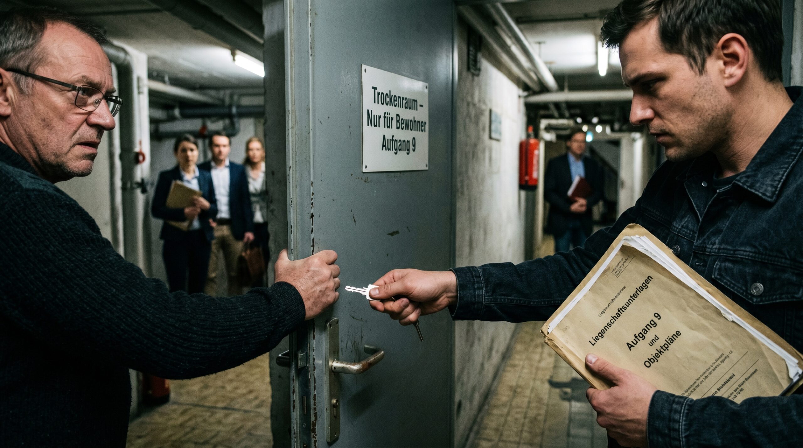 Hände im Konflikt vor einer Kellertür mit Schild 'Trockenraum', eine Hand blockiert den Schlüsselzugang im Flur.