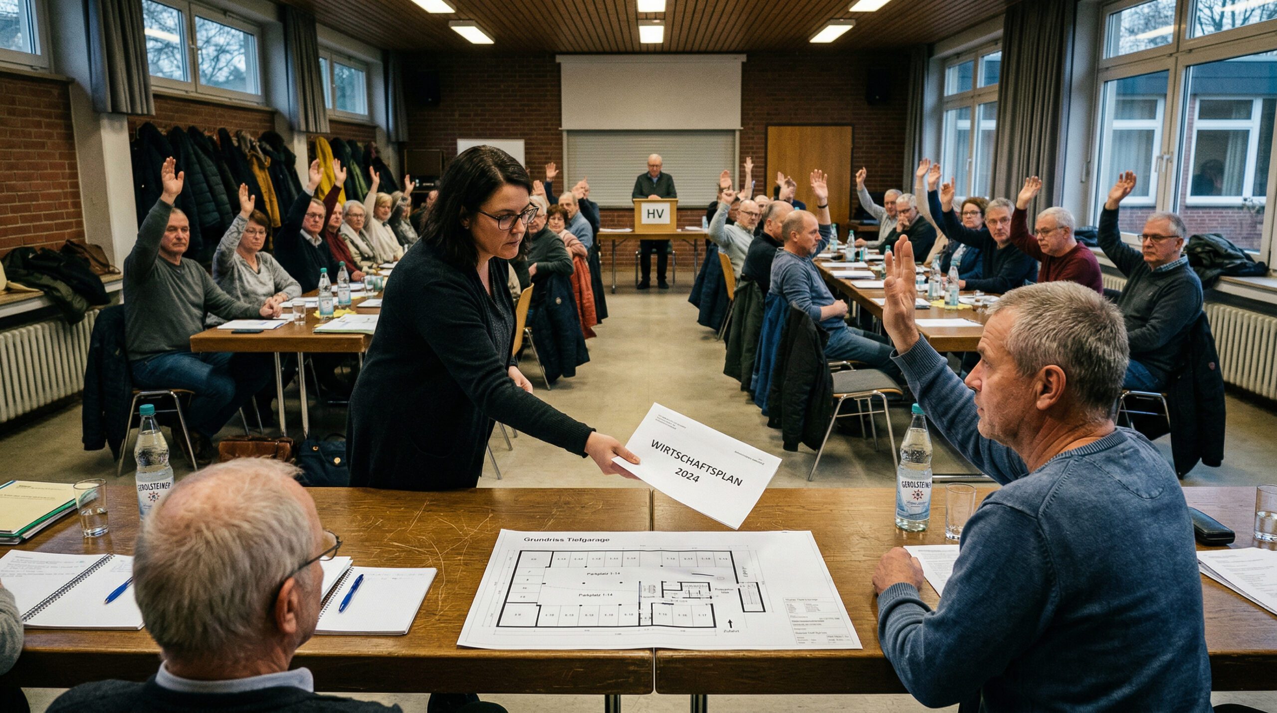 Mann hebt Hand zur Abstimmung neben Wirtschaftsplan, während andere Eigentümer im Hintergrund ebenfalls die Hände heben.